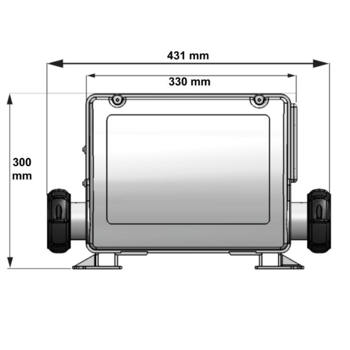 Technical dimension schematic diagram of a Balboa BP2100 spa control pack showing structural measurements of 431mm total width, 330mm box width, and 300mm total height