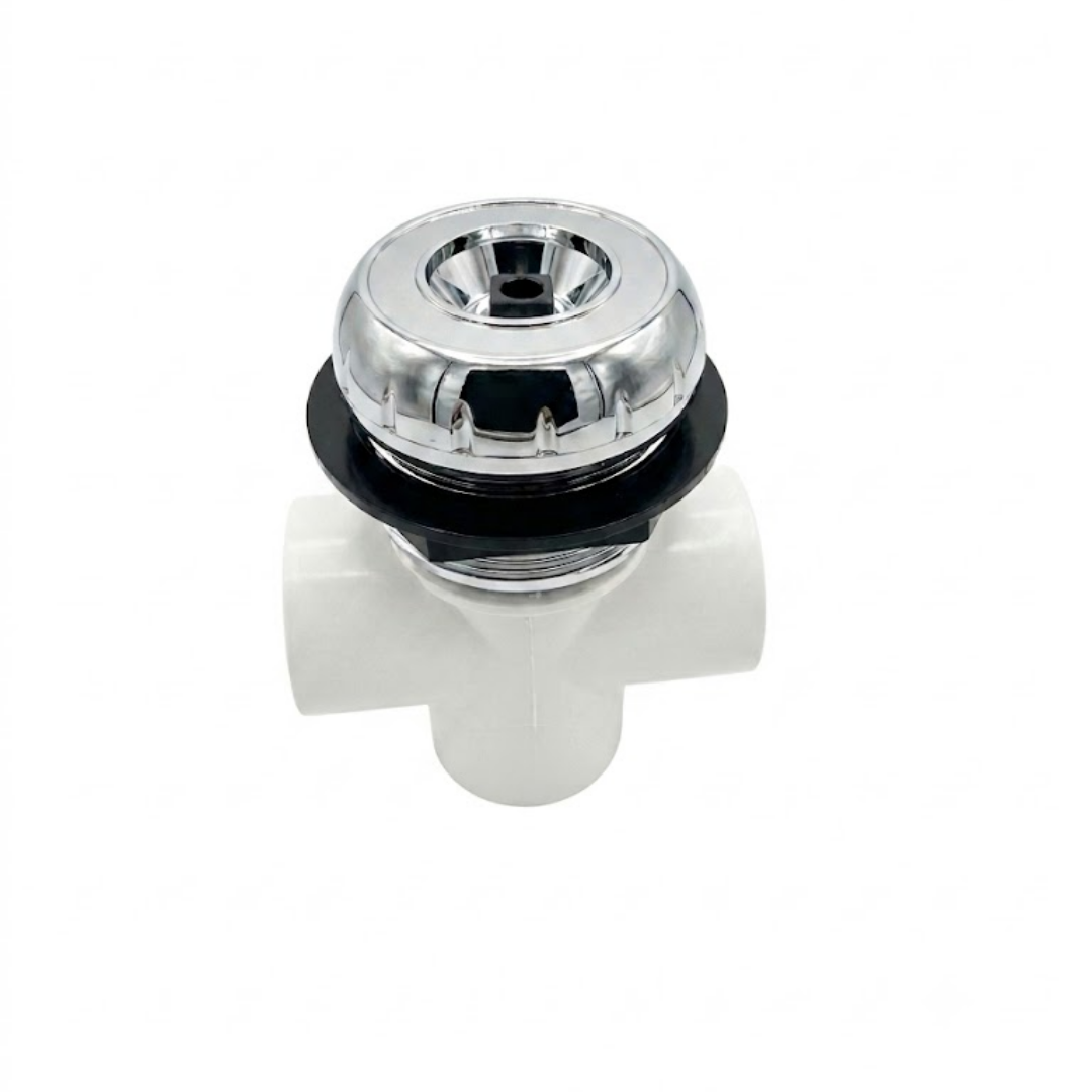 An angled front view of a white Balboa HydroAir 3 way diverter valve showing the rounded polished chrome bezel cap tightened over the black mounting washer