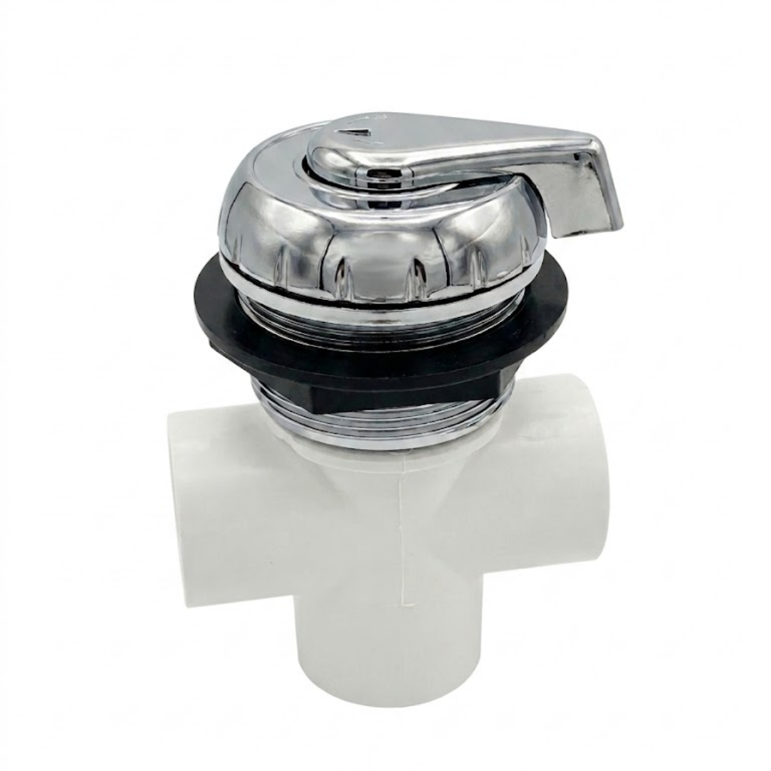 An angled front view of a fully assembled white Balboa HydroAir 3 way diverter valve highlighting the polished chrome teardrop lever handle and scalloped cap