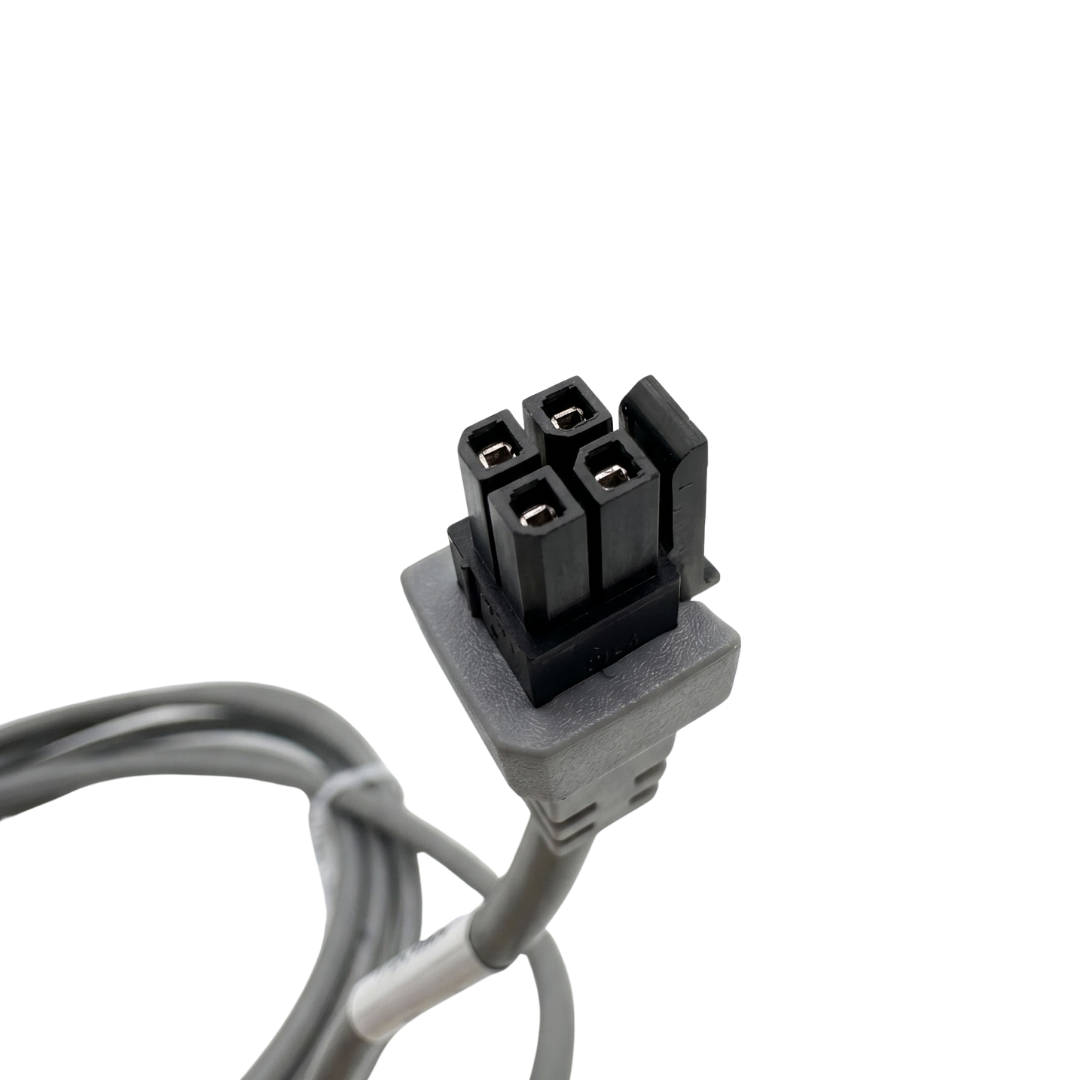 Macro close-up of a Balboa SpaTouch topside control panel cable showing the 4-pin female square plastic connector plug with metal terminals.