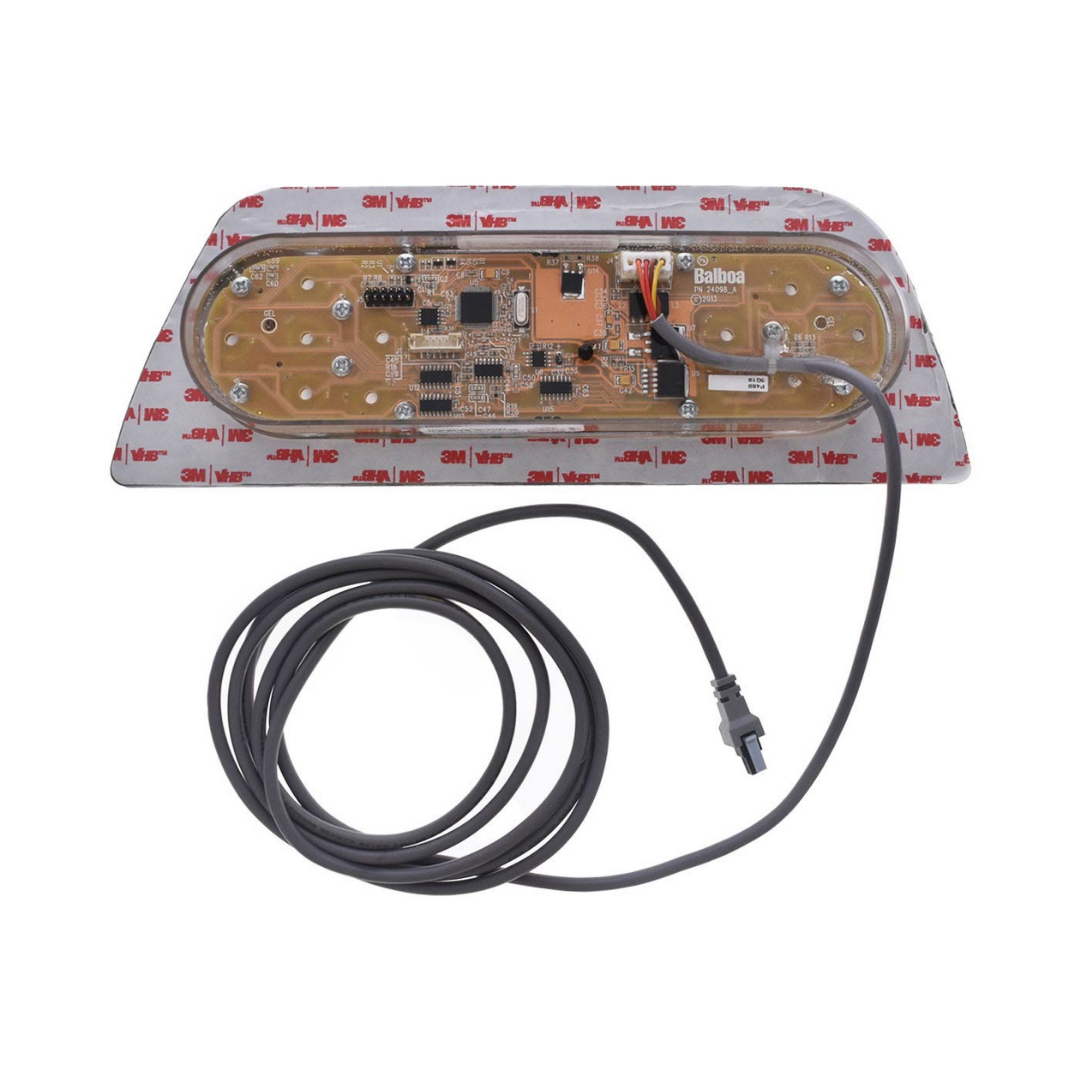 Rear view of a replacement Balboa TP800 touchpad controller panel for Artesian Island Spas, showing the exposed internal circuit board with Balboa branding, a coiled connection wire, and 3M VHB adhesive mounting tape backing.