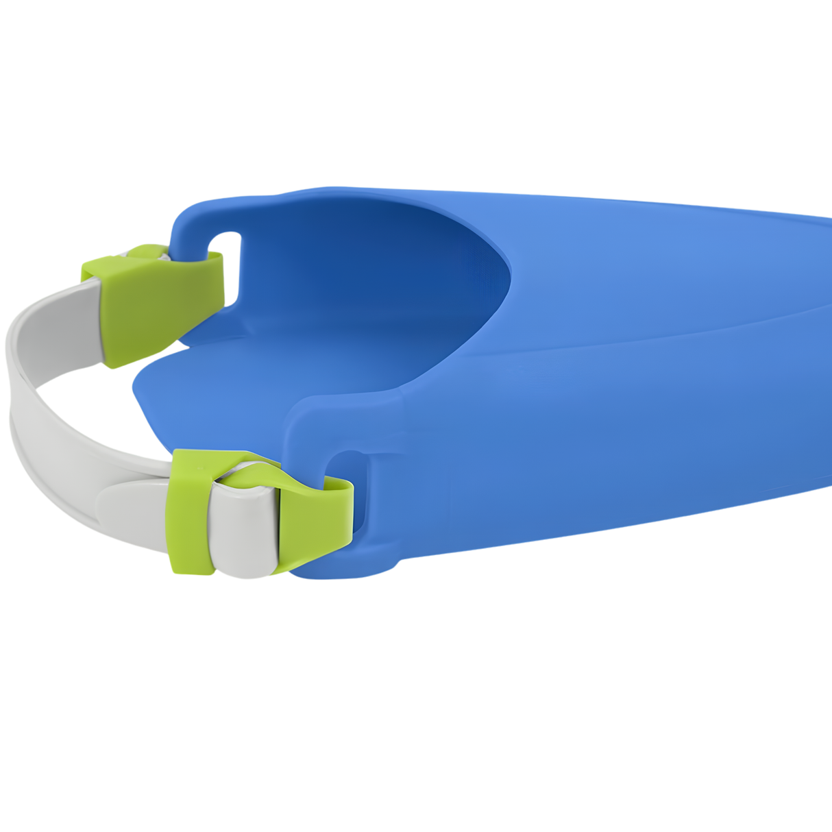 Close-up of Bestway Hydro-Swim Lil Flapper kids blue flapper fin showing the white adjustable heel strap and lime green side buckles