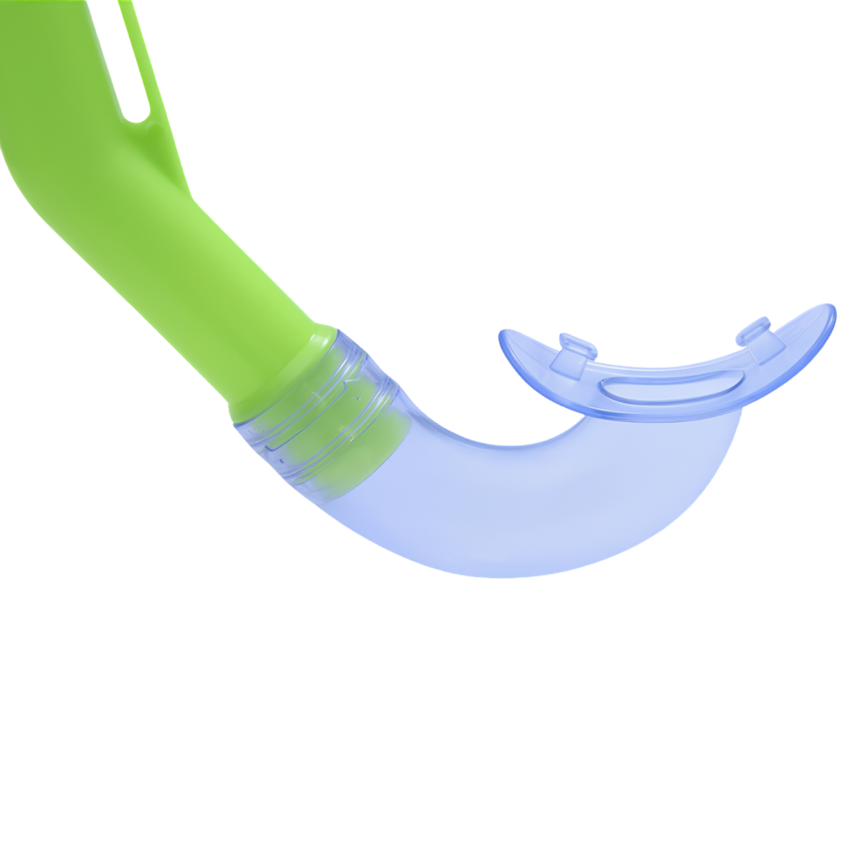 Close-up of Bestway Hydro-Swim Lil Flapper kids snorkel showing the lime green plastic tube and a soft light blue silicone mouthpiece