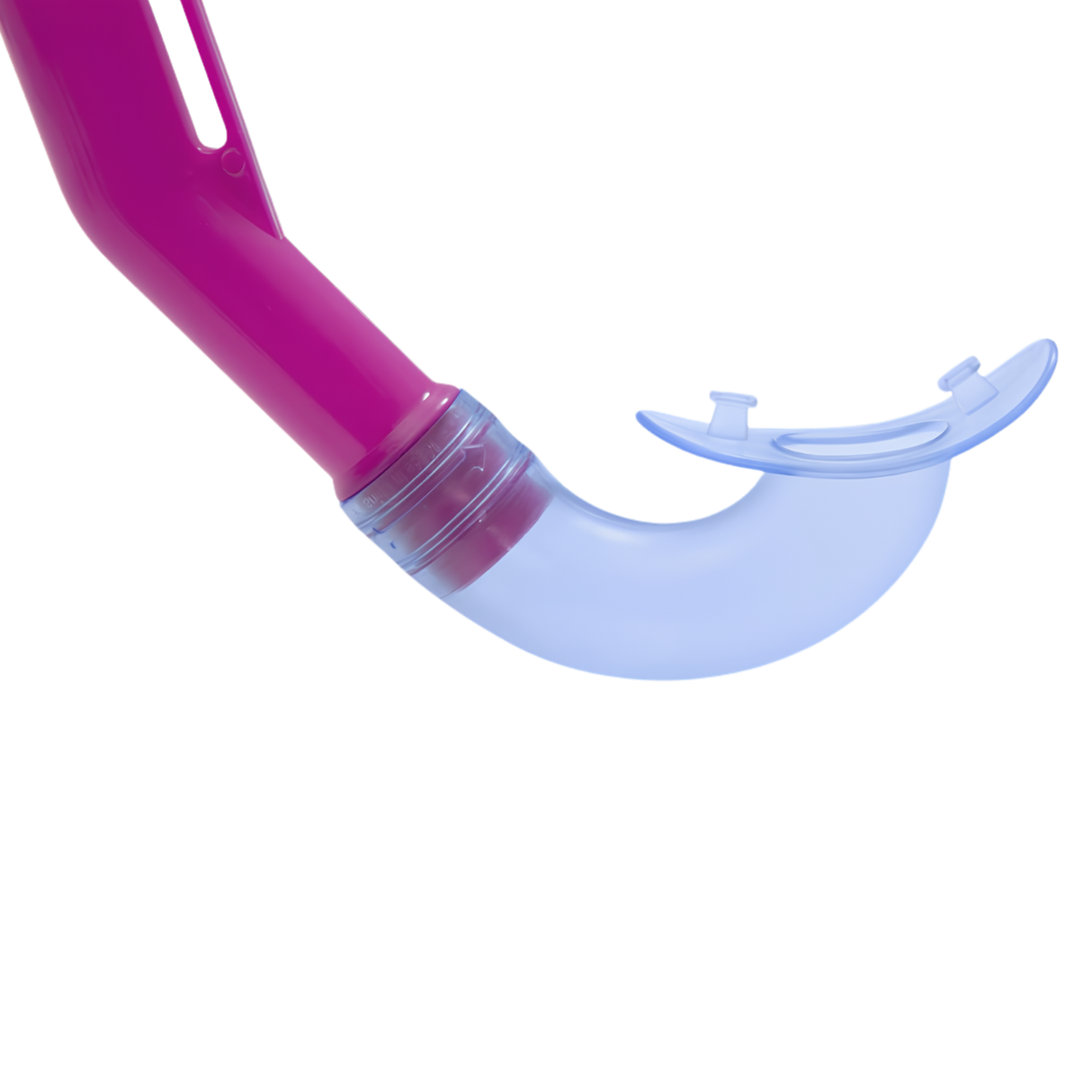Close-up of Bestway Hydro-Swim Lil Flapper kids snorkel showing the purple plastic tube and a soft light blue silicone mouthpiece