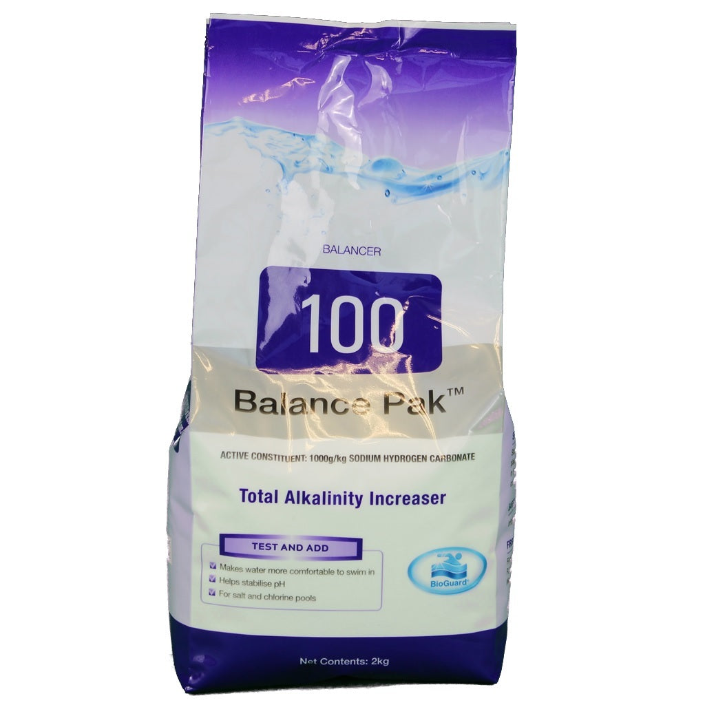 2kg bag of BioGuard Balance Pak 100 Total Alkalinity Increaser, a sodium hydrogen carbonate pool balancer used to stabilize pH and improve swimmer comfort in salt and chlorine pools.