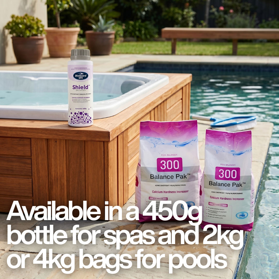 BioGuard Spa Shield 450g bottle on a wood hot tub rim and Balance Pak 300 bags poolside, with text: "Available in a 450g bottle for spas and 2kg or 4kg bags for pools."