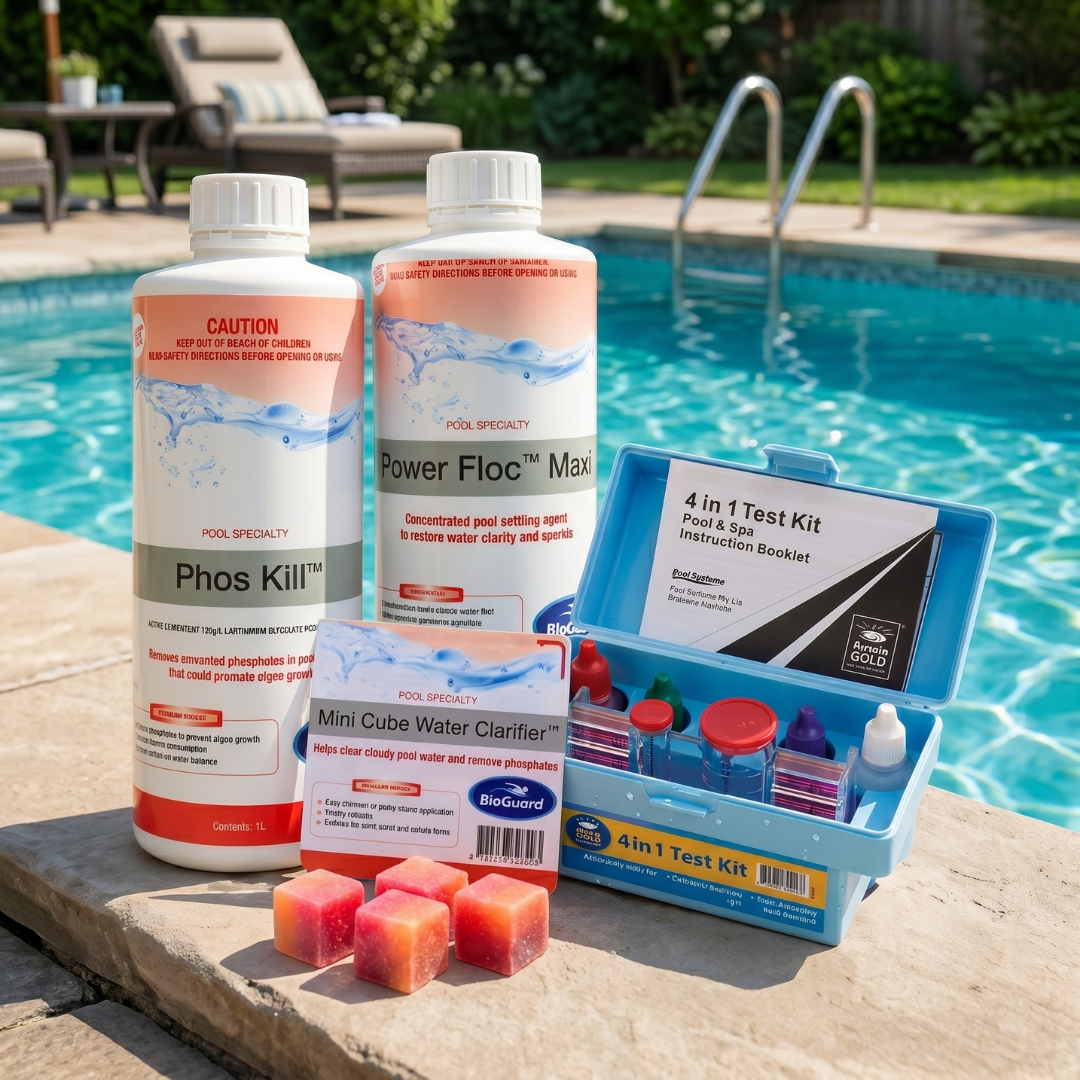 Lifestyle product view of the BioGuard pool recovery and clarity kit on stone coping by a swimming pool, containing Phos Kill, Power Floc Maxi, Mini Cube clarifiers, and an Aussie Gold test kit.