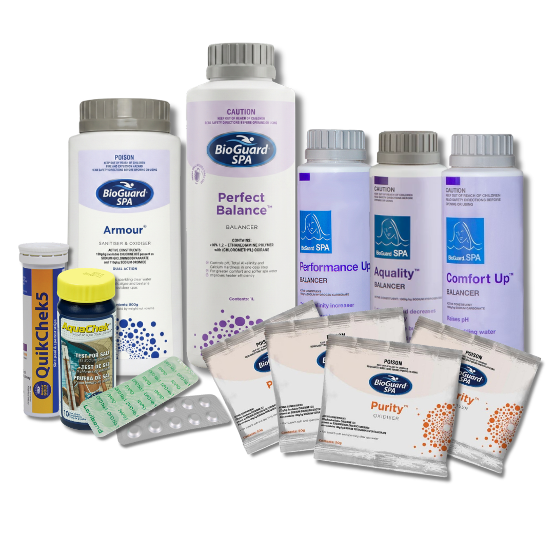 BioGuard SPA Eco-Spa chlorinator startup kit containing Armour sanitiser, Perfect Balance, Performance Up, Aquality, Comfort Up balancers, Purity oxidiser sachets, AquaChek salt test strips, QuikChek5 strips, and DPD water testing tablets.