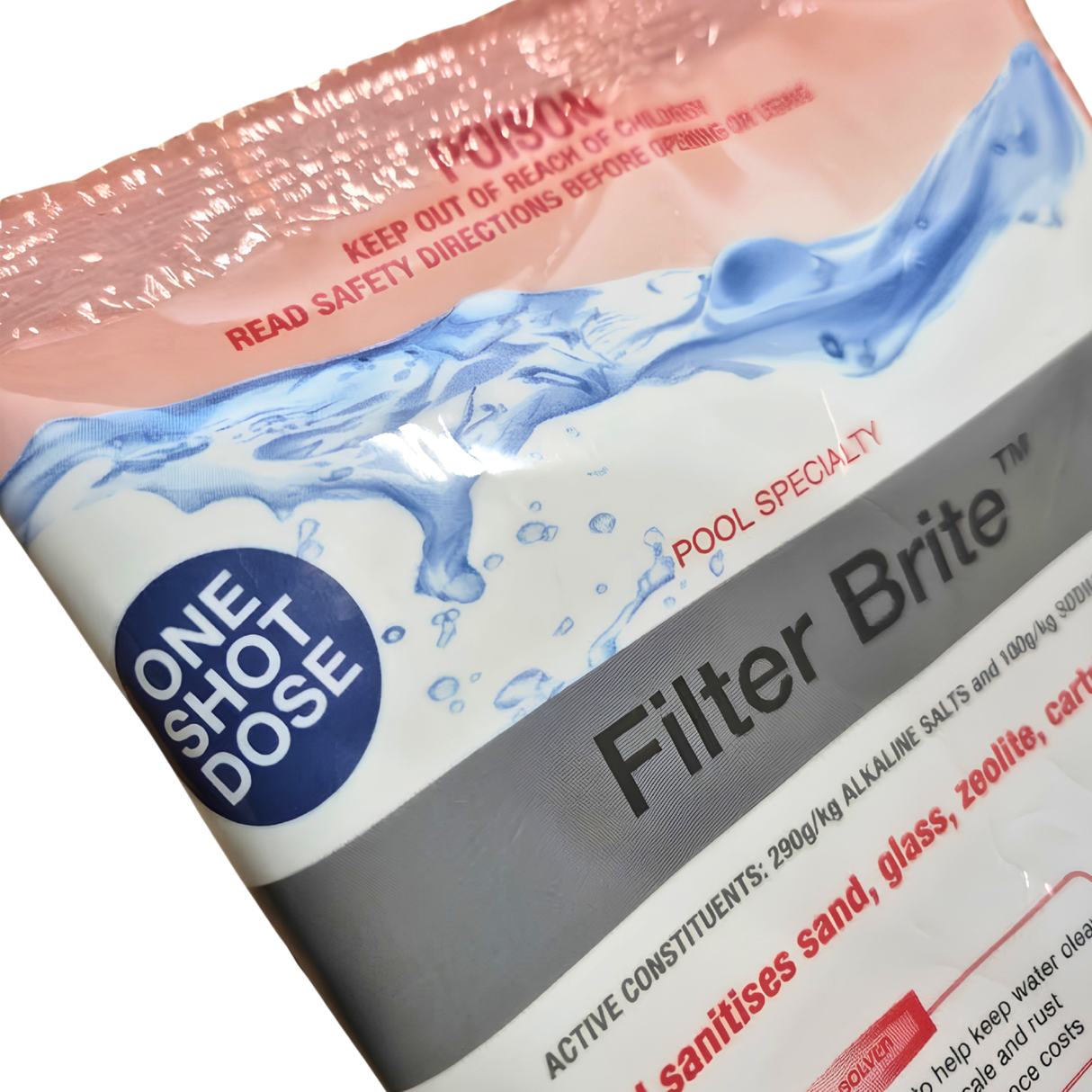 Close up view of BioGuard Filter Brite pool chemical sachet showing the One Shot Dose badge and filter compatibility text.