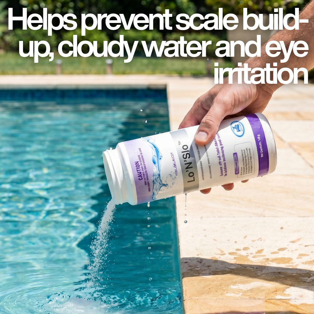 A hand pouring granular BioGuard Lo’N’Slo pool balancer into a swimming pool with text: "Helps prevent scale build-up, cloudy water and eye irritation," demonstrating how to lower pool pH levels.