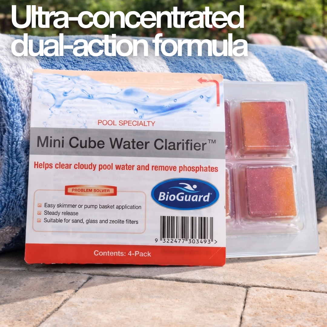 Close-up of BioGuard Mini Cube Water Clarifier 4-pack packaging featuring an ultra-concentrated dual-action formula to clear cloudy pool water and remove phosphates.