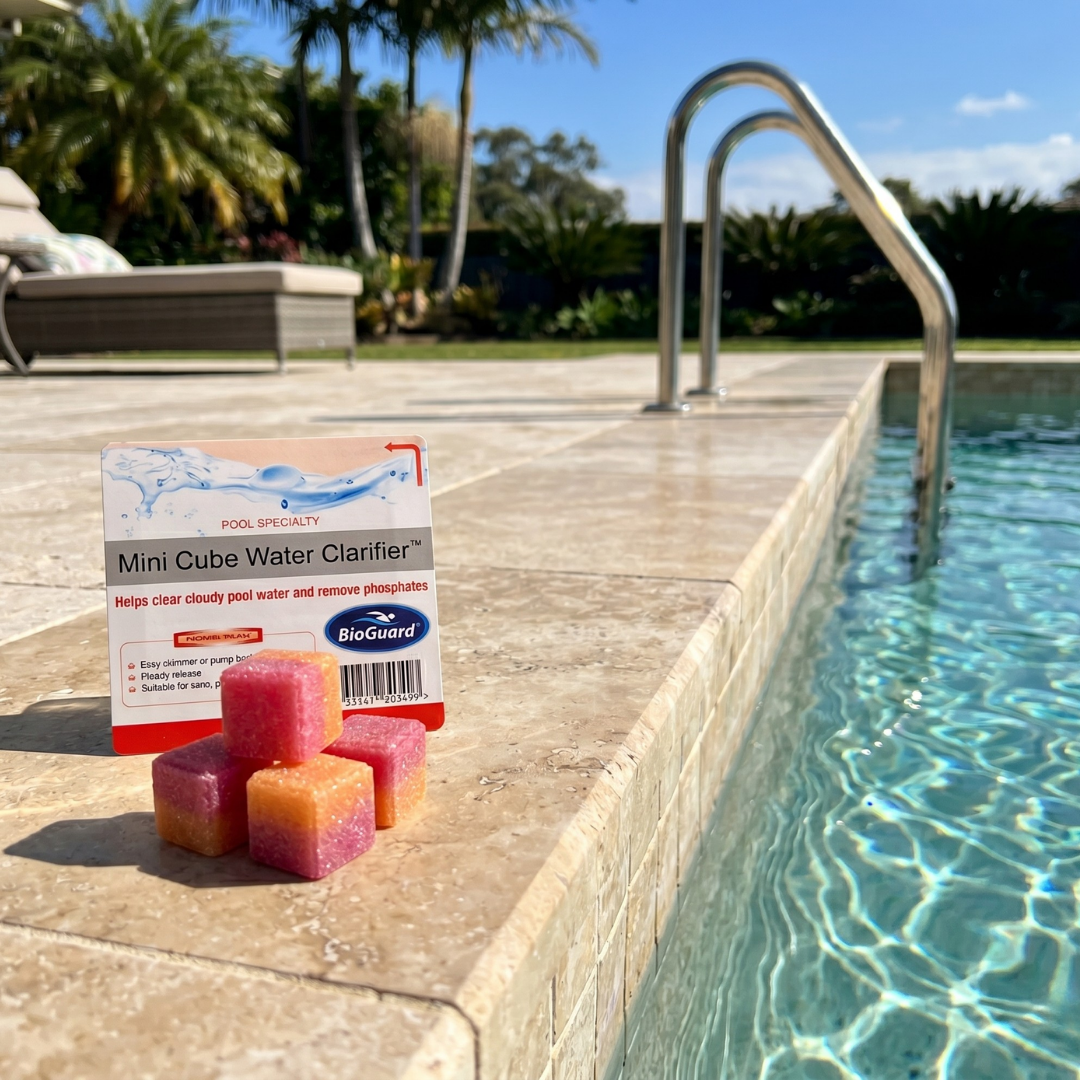 BioGuard Mini Cube Water Clarifier 4-pack on a pool deck used to clear cloudy water and remove phosphates.