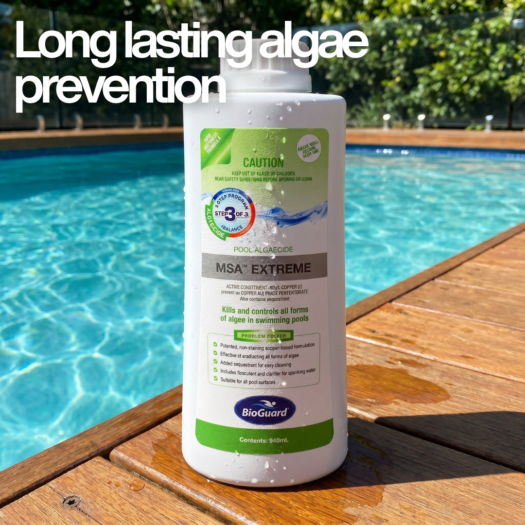 BioGuard MSA Extreme Pool Algaecide bottle on a wooden deck next to a clear blue swimming pool. Text overlay highlights "Long lasting algae prevention" for ongoing pool maintenance.