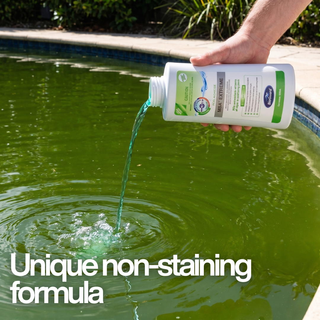 BioGuard MSA Extreme copper-based algaecide being poured into a green swimming pool. Text overlay emphasizes the "Unique non-staining formula," highlighting its safety for all pool surfaces.
