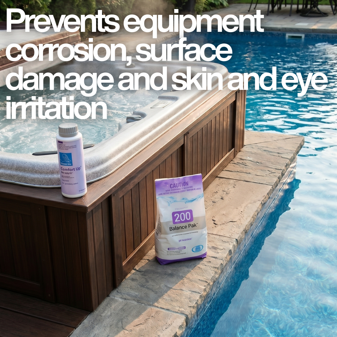 BioGuard Spa Comfort Up and Balance Pak 200 displayed by a hot tub and pool with text: "Prevents equipment corrosion, surface damage and skin and eye irritation."