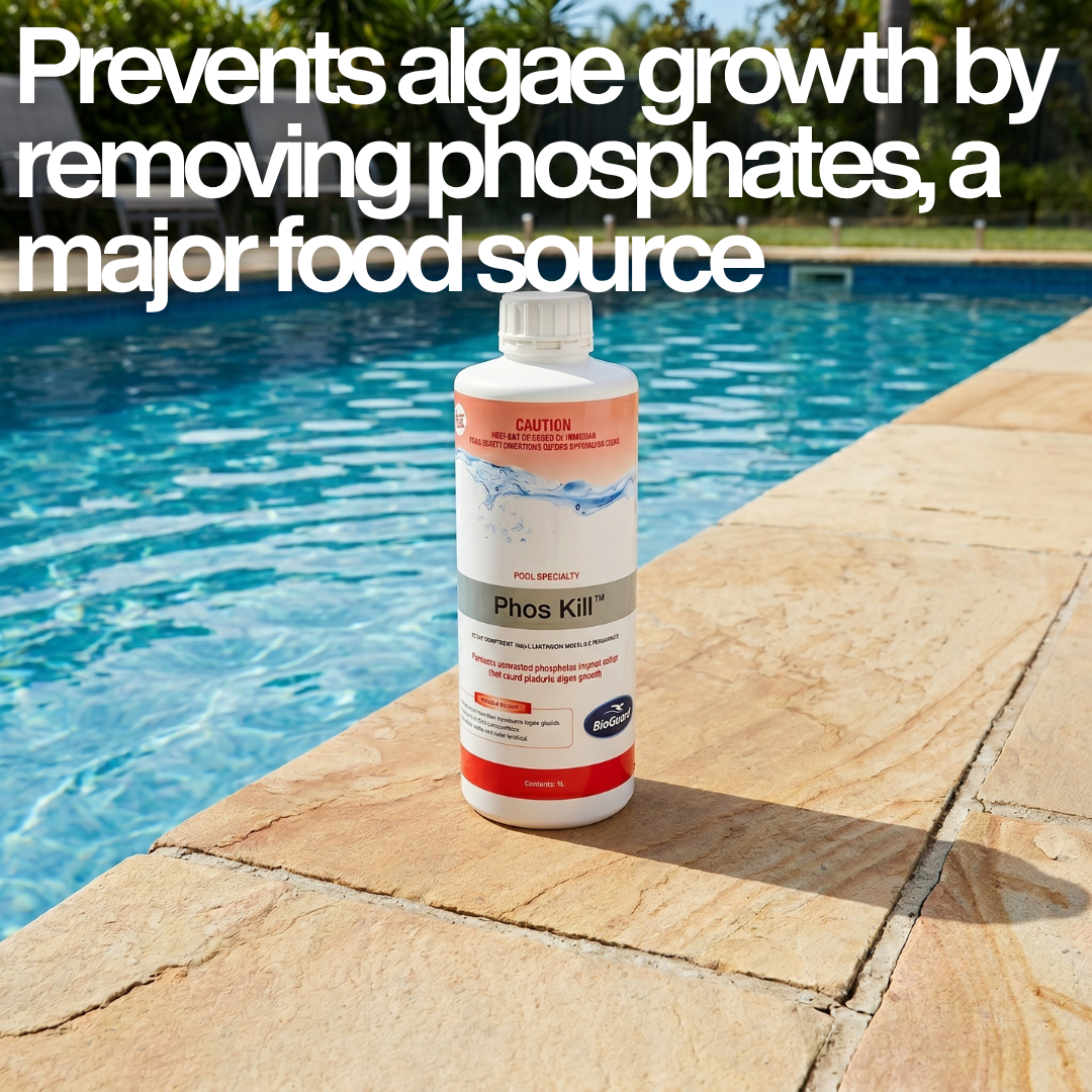 BioGuard Phos Kill 1L bottle sitting on stone pool coping with top text overlay: Prevents algae growth by removing phosphates, a major food source.