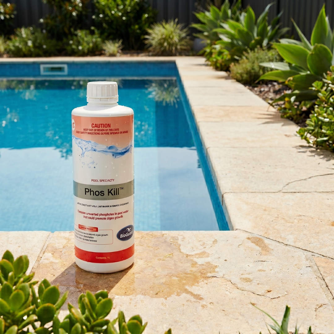 A 1-liter bottle of BioGuard Phos Kill pool chemical sitting on a stone paver ledge next to a bright blue backyard swimming pool surrounded by green plants.