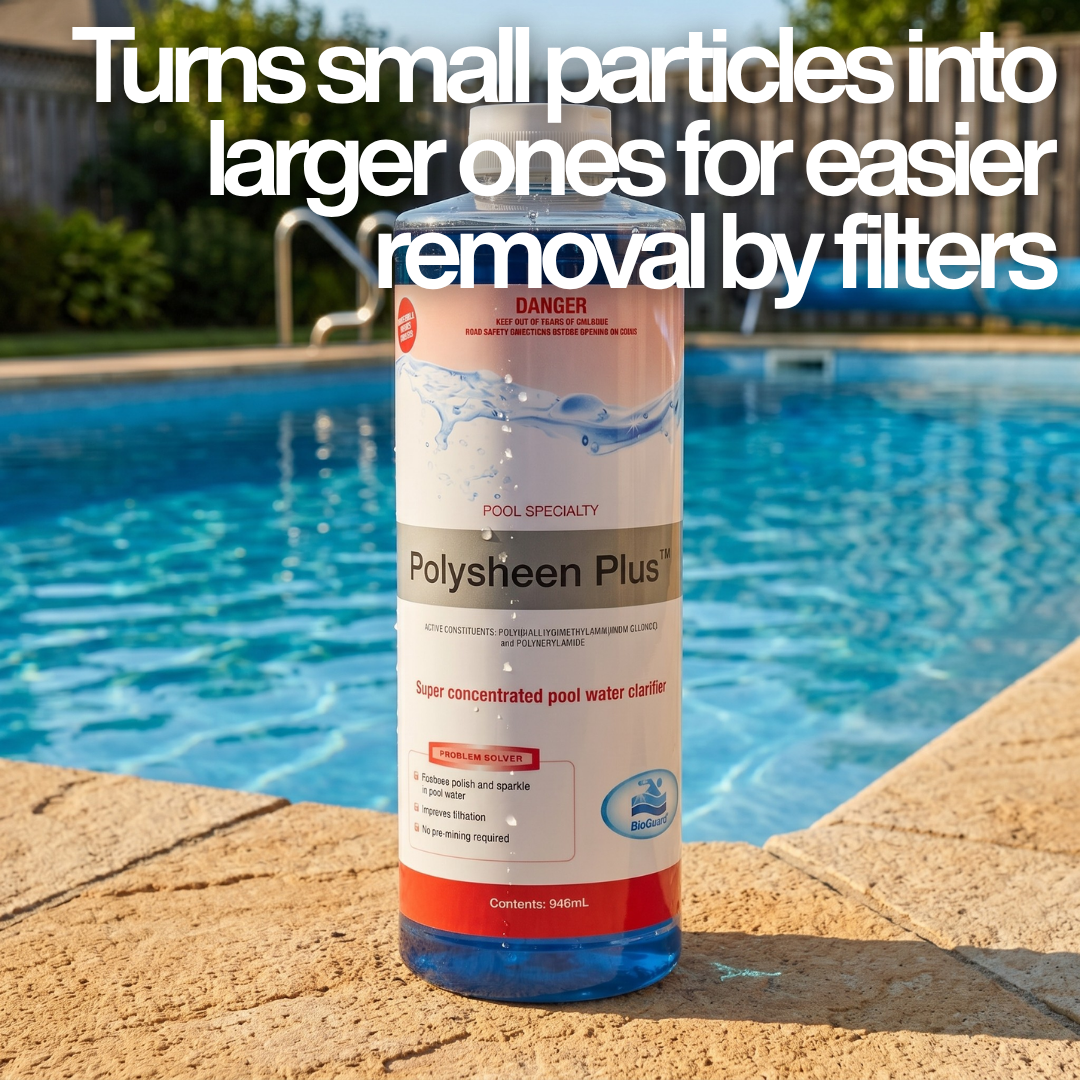 A 946ml bottle of BioGuard Polysheen Plus super concentrated pool water clarifier sitting on a stone coping edge next to an outdoor swimming pool. A bold white text overlay explains that it "Turns small particles into larger ones for easier removal by filters."