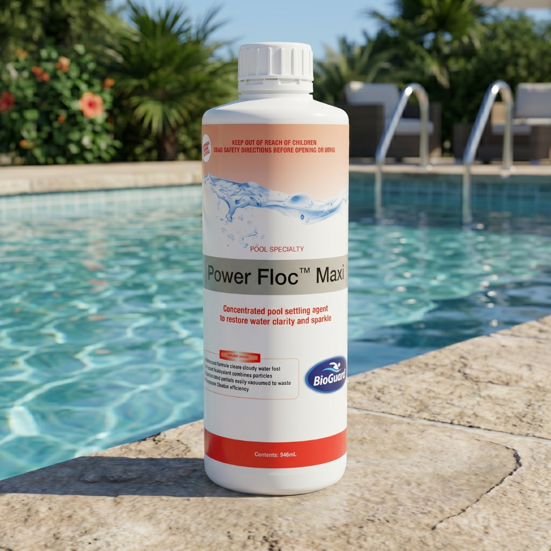 A 946mL bottle of BioGuard Power Floc Maxi concentrated pool settling agent sitting on a stone coping ledge next to a sunny backyard swimming pool.
