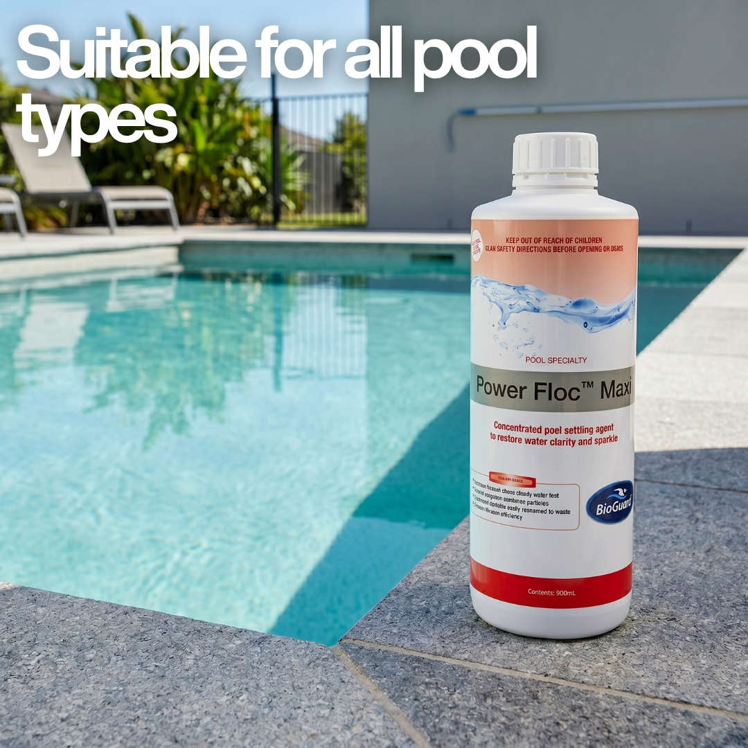 BioGuard Power Floc Maxi 900mL bottle sitting on a stone ledge next to a clear blue swimming pool, featuring a concentrated pool settling agent suitable for all pool types.