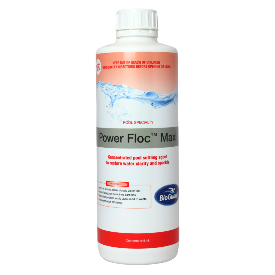 A 946ml bottle of BioGuard Power Floc Maxi concentrated pool settling agent isolated on a white background. The product label features the BioGuard logo and states that it is a pool specialty formula used to restore water clarity and sparkle by combining particles so they can be easily vacuumed to waste.