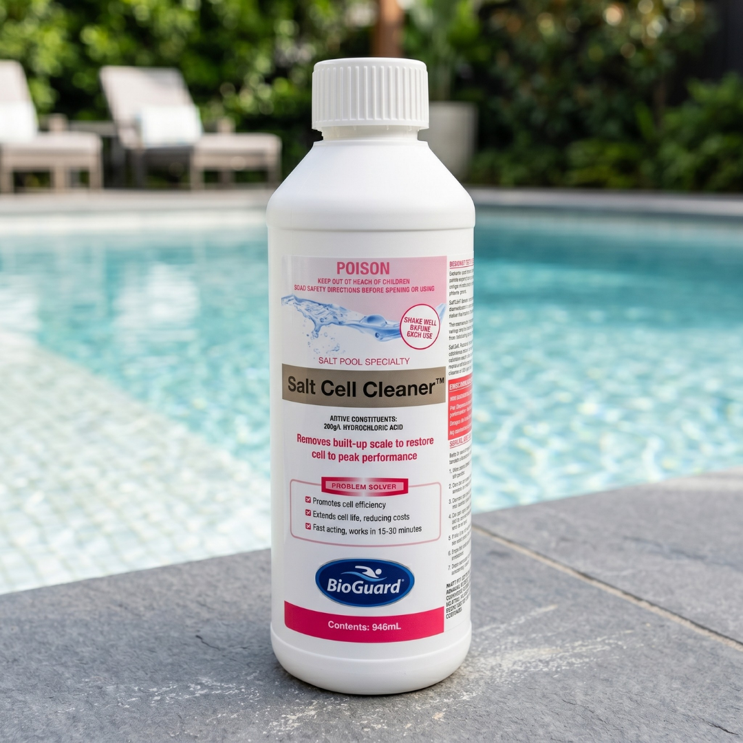 A bottle of BioGuard Salt Cell Cleaner 946mL sitting on a stone pool coping next to a clean swimming pool. This hydrochloric acid-based formula removes scale to restore salt cell peak performance.