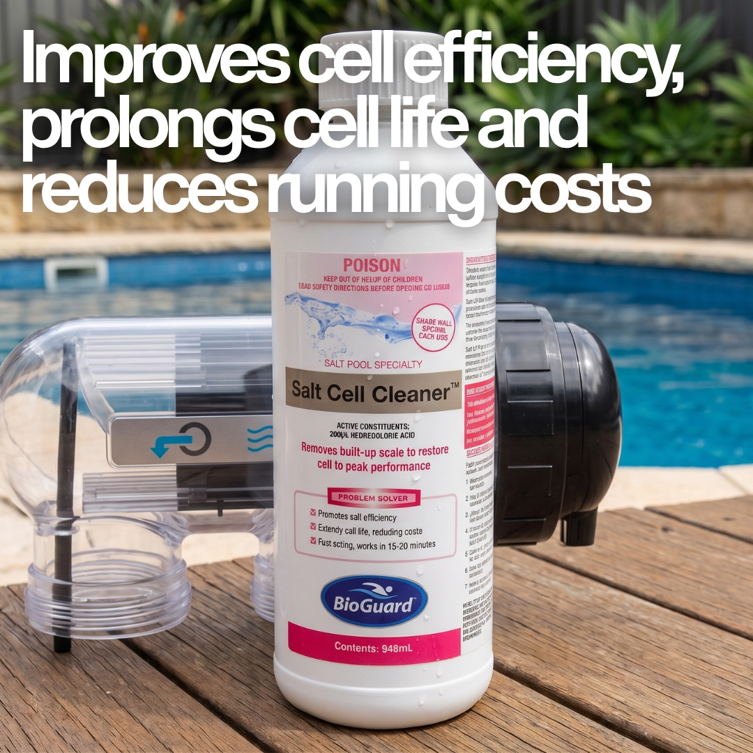 BioGuard Salt Cell Cleaner 946mL bottle next to a salt chlorinator cell poolside. Text overlay highlights benefits: improves cell efficiency, prolongs cell life, and reduces pool running costs.