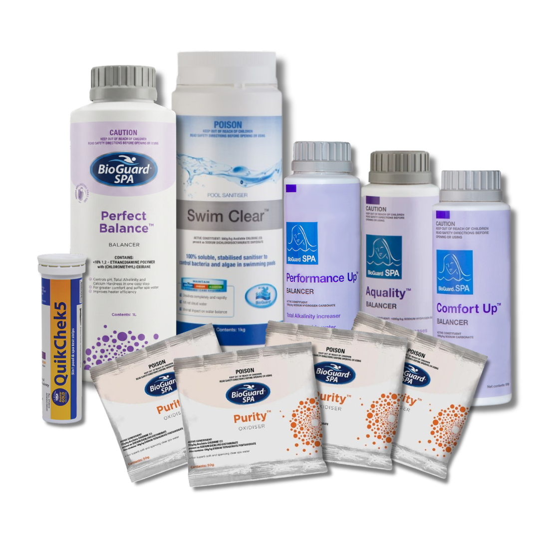 BioGuard SPA and pool chemical kit featuring Perfect Balance, Swim Clear sanitiser, Performance Up, Aquality, Comfort Up balancers, four Spa Purity oxidiser sachets, and QuikChek5 test strips.