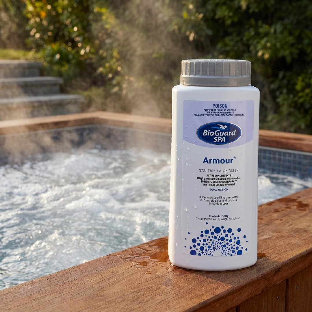 A bottle of BioGuard SPA Armour sanitiser and oxidiser (800g) resting on the wooden coping of a steaming outdoor hot tub. The dual-action formula helps restore sparkling clear water and control bacteria in spa pools.