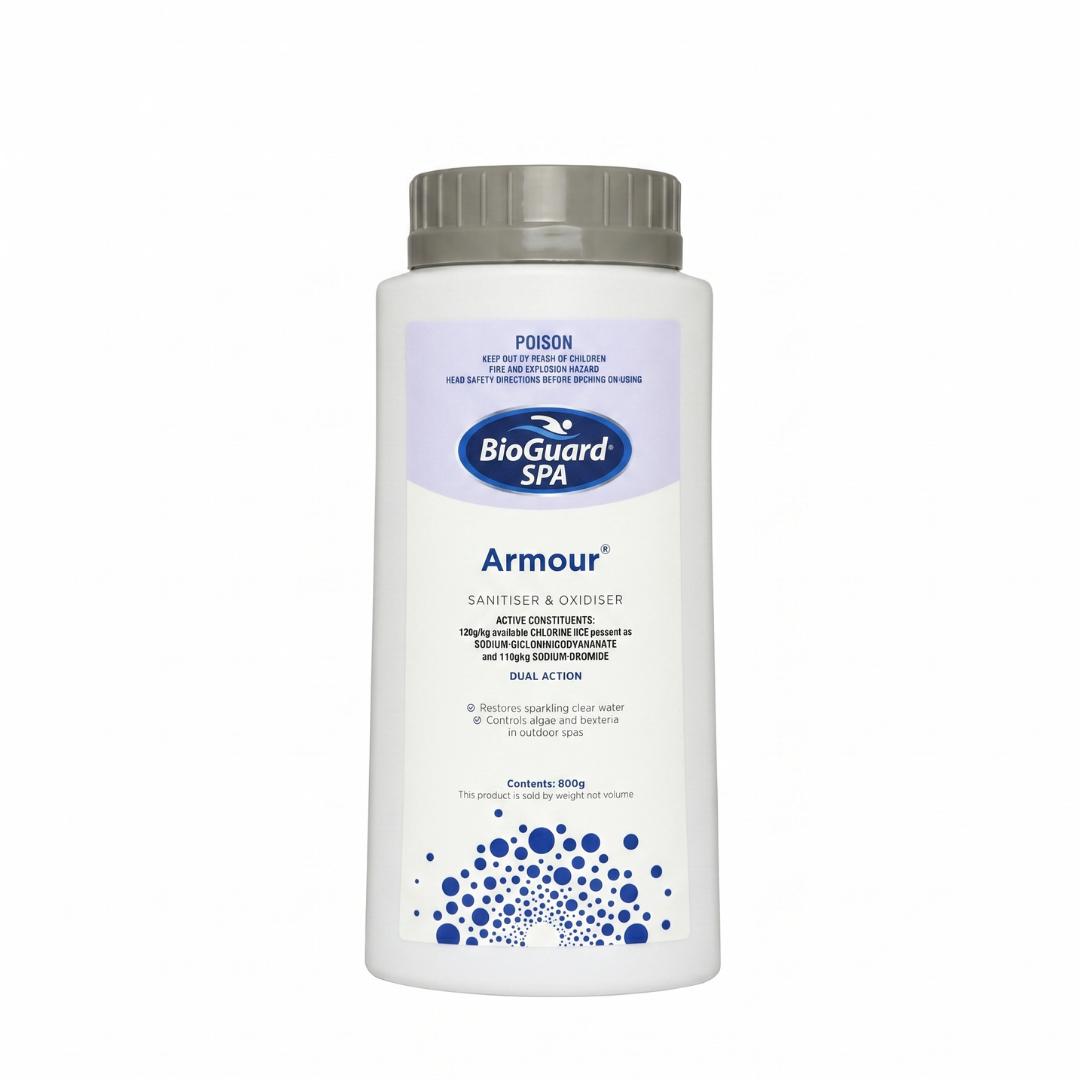 BioGuard SPA Armour 800g bottle, a dual-action sanitiser and oxidiser for outdoor spas. This chlorine and bromine-based formula controls algae and bacteria while restoring sparkling clear water.