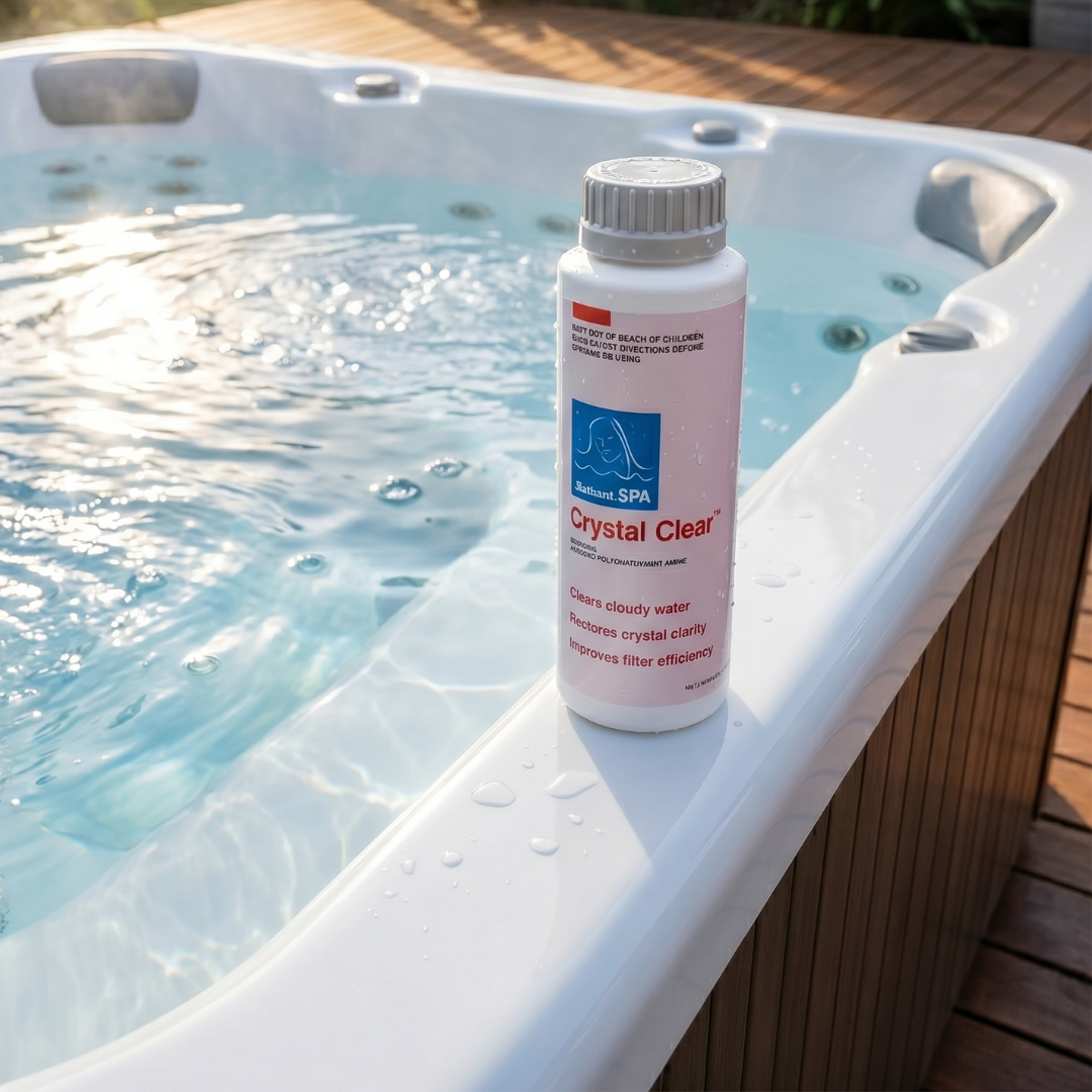 A bottle of BioGuard SPA Crystal Clear hot tub water clarifier sitting on the white acrylic edge of a sunny outdoor spa. The label outlines its benefits: clears cloudy water, restores crystal clarity, and improves filter efficiency for hot tubs.