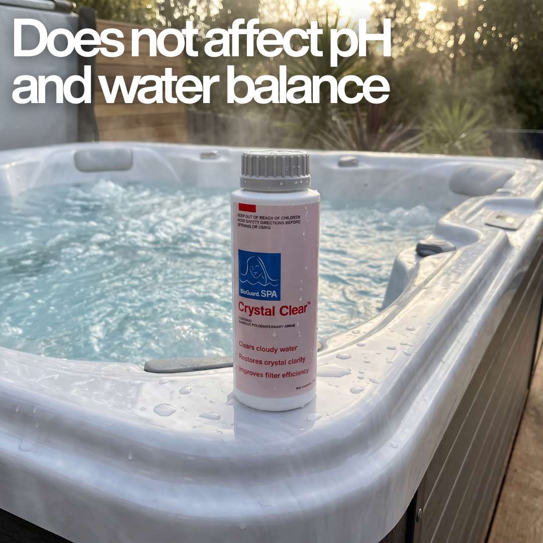 A bottle of BioGuard SPA Crystal Clear water clarifier sitting on the white corner of a bubbling outdoor hot tub. A prominent white text overlay states, "Does not affect pH and water balance," highlighting that the hot tub clarifier treats cloudy water without disrupting water chemistry.