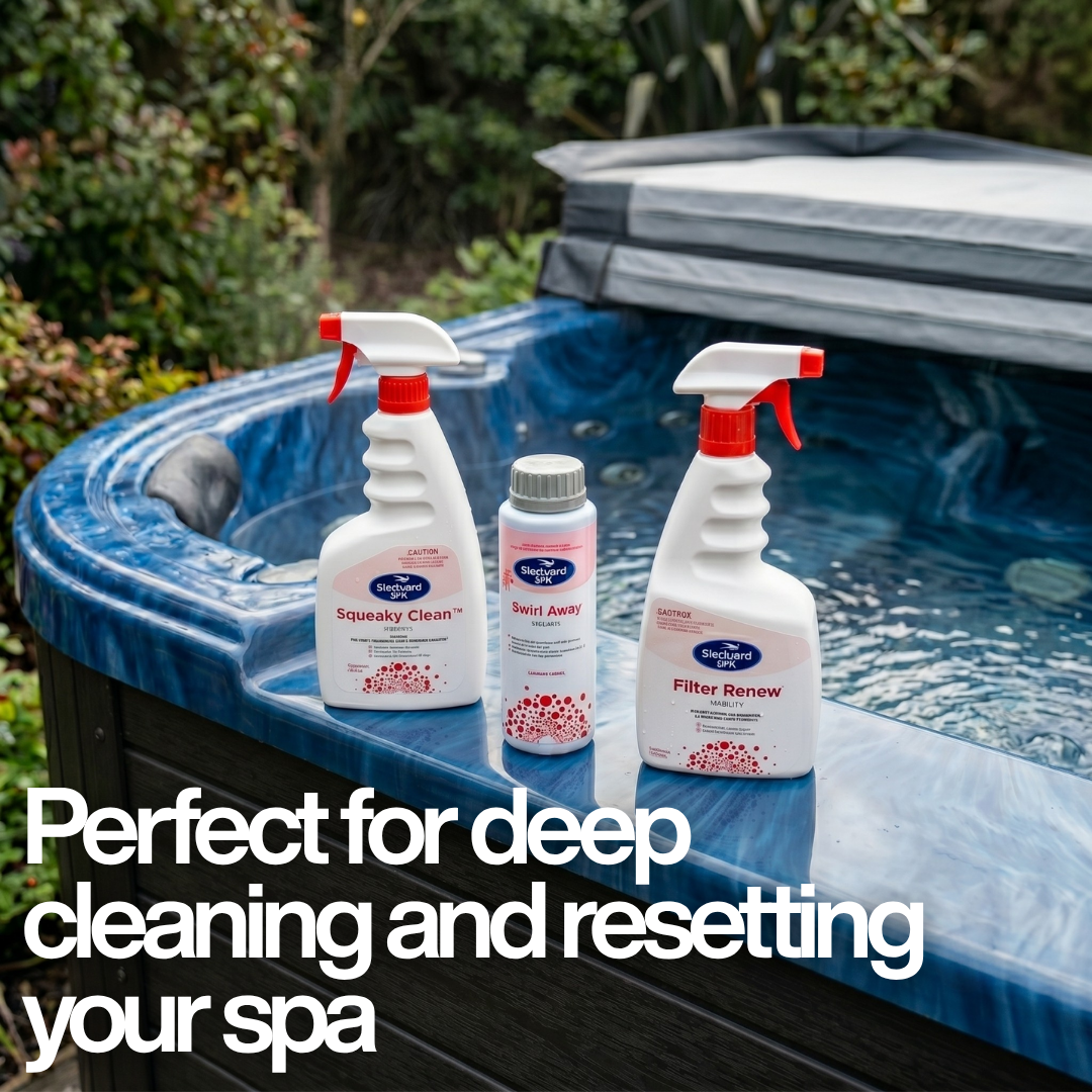 A BioGuard SPA cleaning kit including Squeaky Clean spray, Swirl Away pipe cleaner, and Filter Renew spray sitting on the ledge of a blue outdoor hot tub. Text overlay reads, "Perfect for deeply cleaning and resetting your spa."