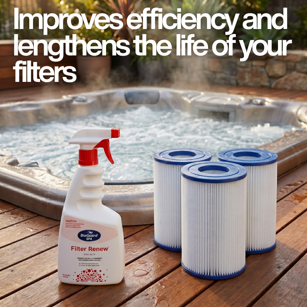 BioGuard SPA Filter Renew spray bottle beside three clean spa cartridge filters on a wooden deck next to a bubbling hot tub. Text overlay explains the product improves efficiency and lengthens filter life.