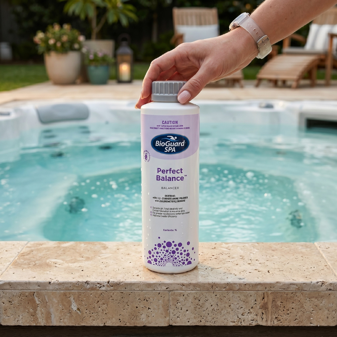 A 1L bottle of BioGuard Spa Perfect Balance water conditioner held at the edge of a luxurious outdoor spa, acting as a phosphate buffer to lock in pH and total alkalinity for simplified hot tub maintenance.