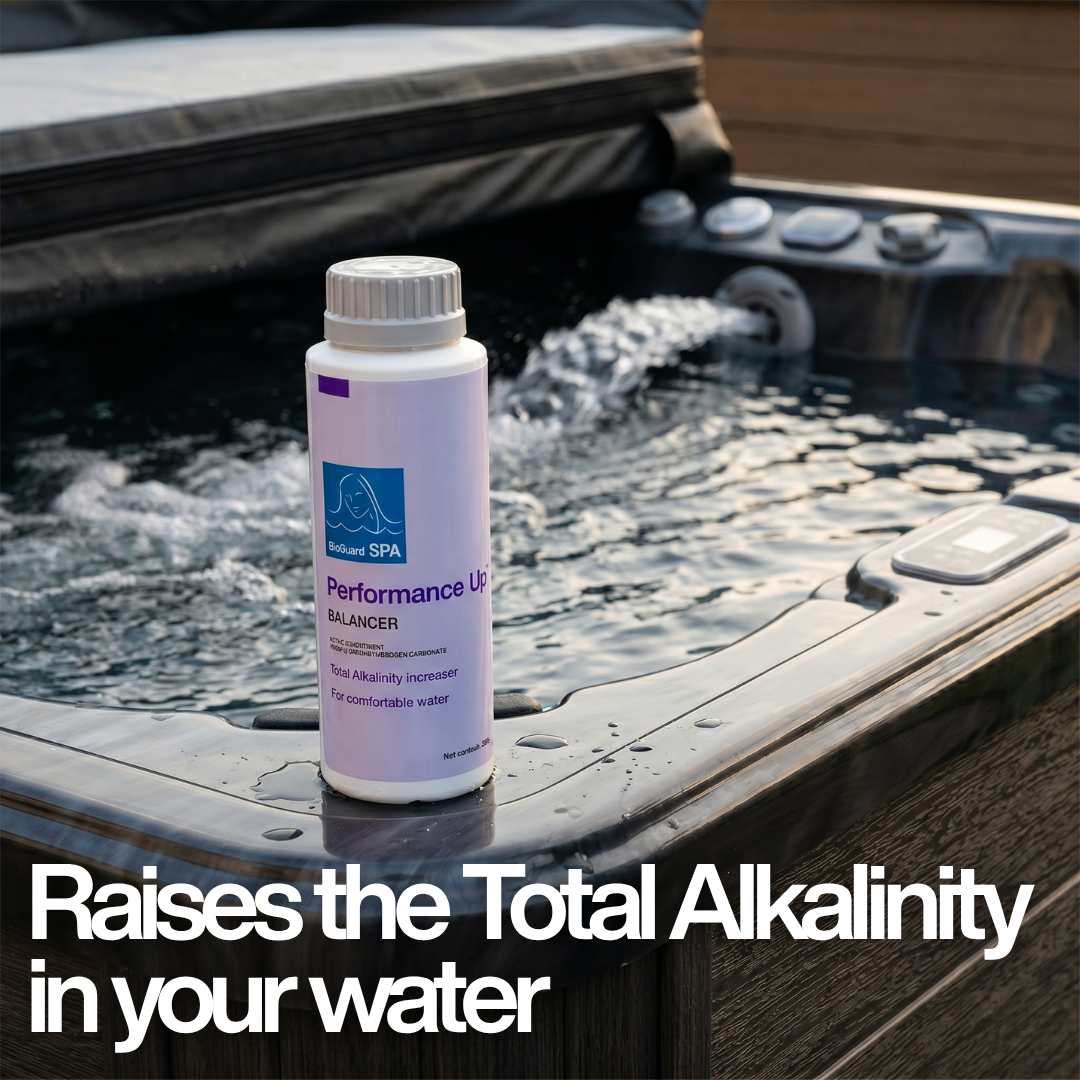 A bottle of BioGuard SPA Performance Up balancer sitting on the edge of a bubbling hot tub, with text overlay stating that it raises the total alkalinity in your water.