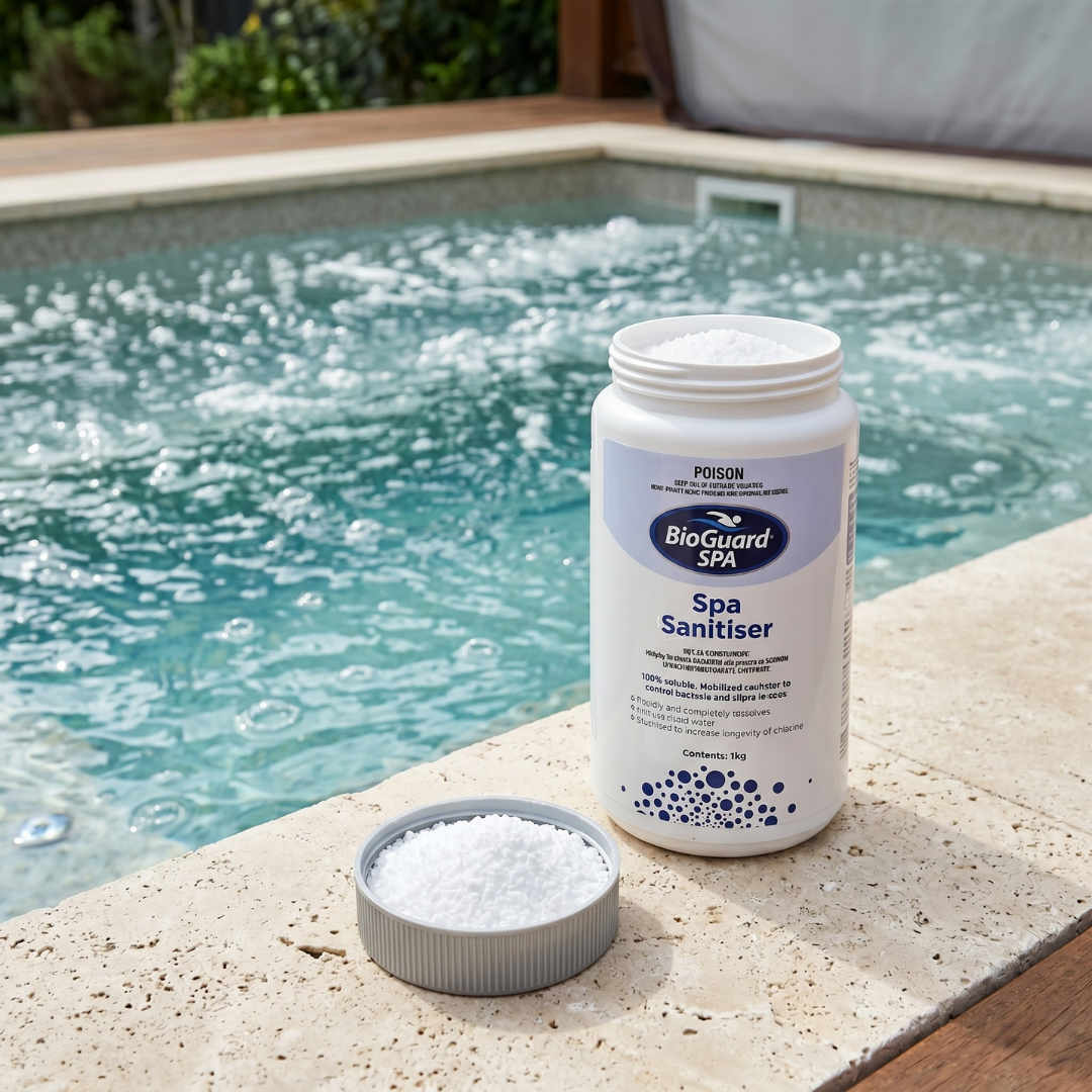 An open 1kg bottle of BioGuard SPA Spa Sanitiser with white granules in the lid, sitting on a stone edge beside a bubbling hot tub to show the soluble formula.