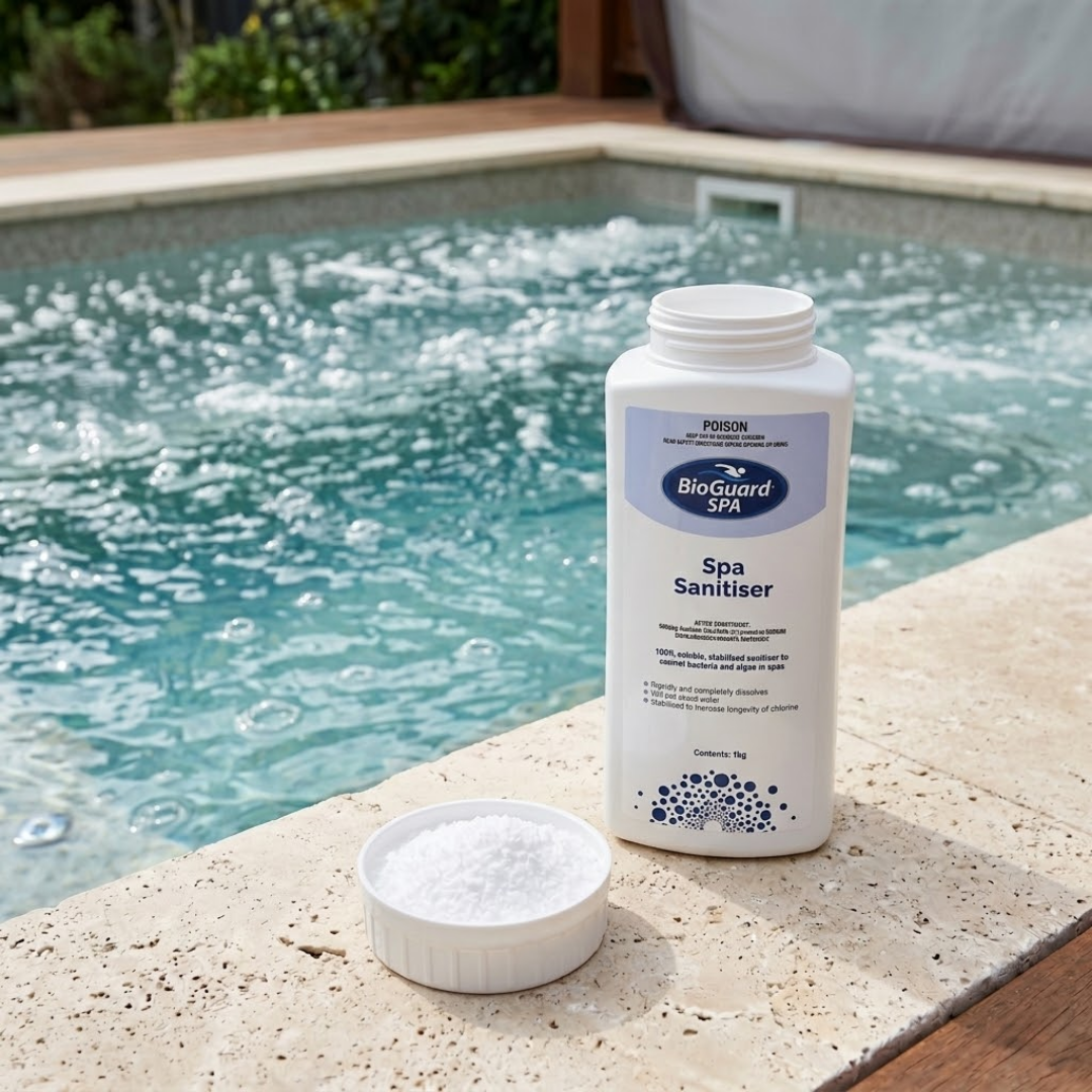 An open 1kg bottle of BioGuard SPA Spa Sanitiser with white granules in the lid, sitting on a stone edge beside a bubbling hot tub to show the soluble formula.