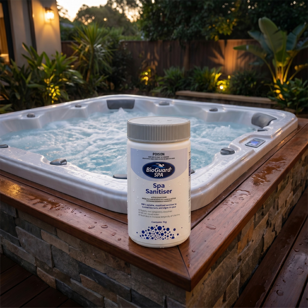 1kg bottle of BioGuard SPA Spa Sanitiser on a wooden hot tub deck at dusk, showing a stabilised chlorine treatment for clear and healthy spa water.