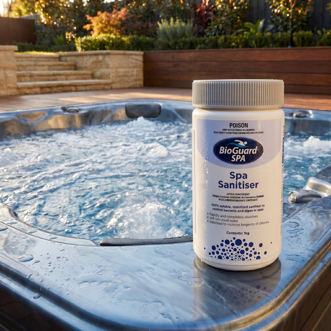 A 1kg bottle of BioGuard SPA Spa Sanitiser sitting on the ledge of an outdoor bubbling hot tub in the morning sun, providing stabilised chlorine for bacteria control.