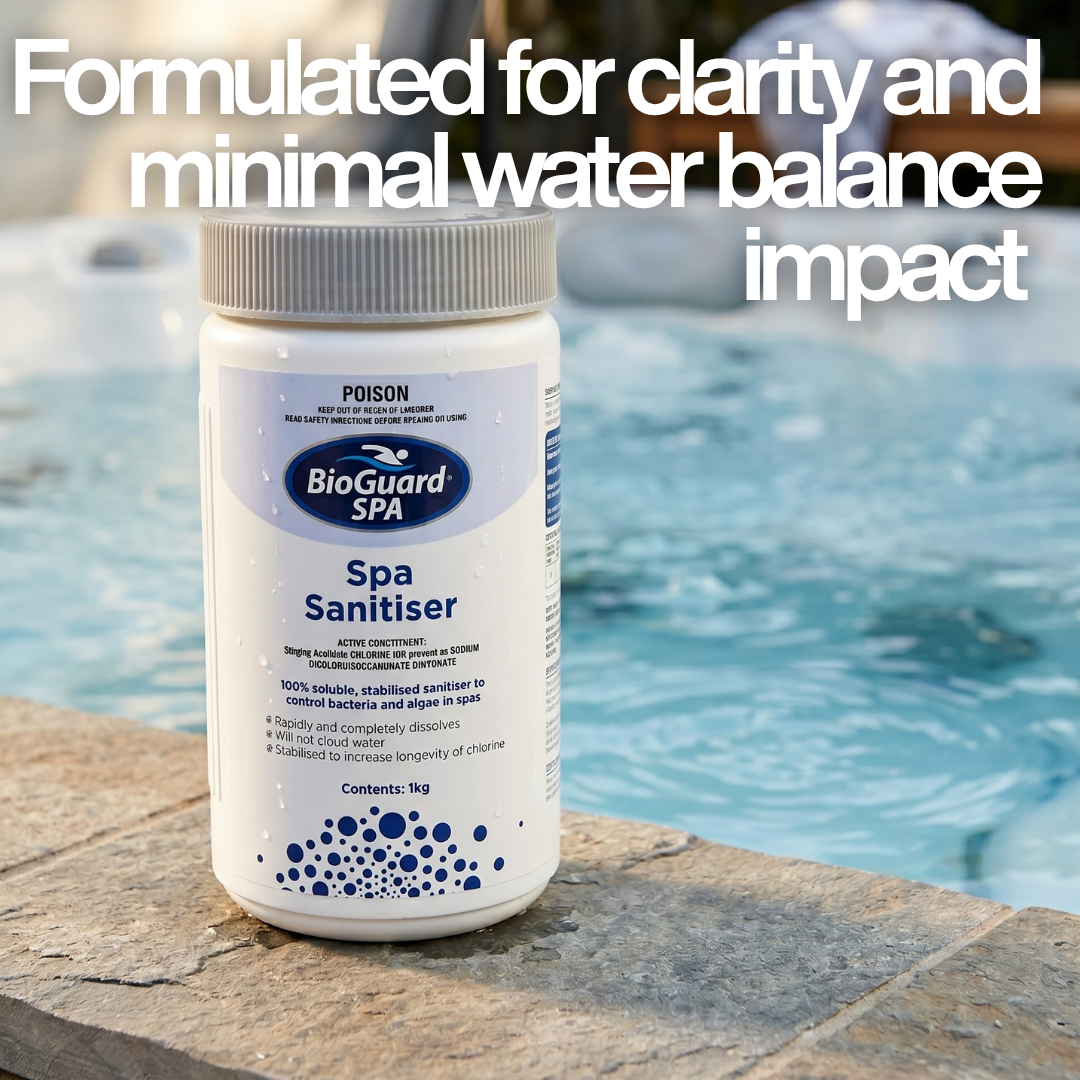 BioGuard SPA Spa Sanitiser 1kg on a stone spa edge with text: "Formulated for clarity and minimal water balance impact," highlighting its pH-neutral qualities for hot tubs.