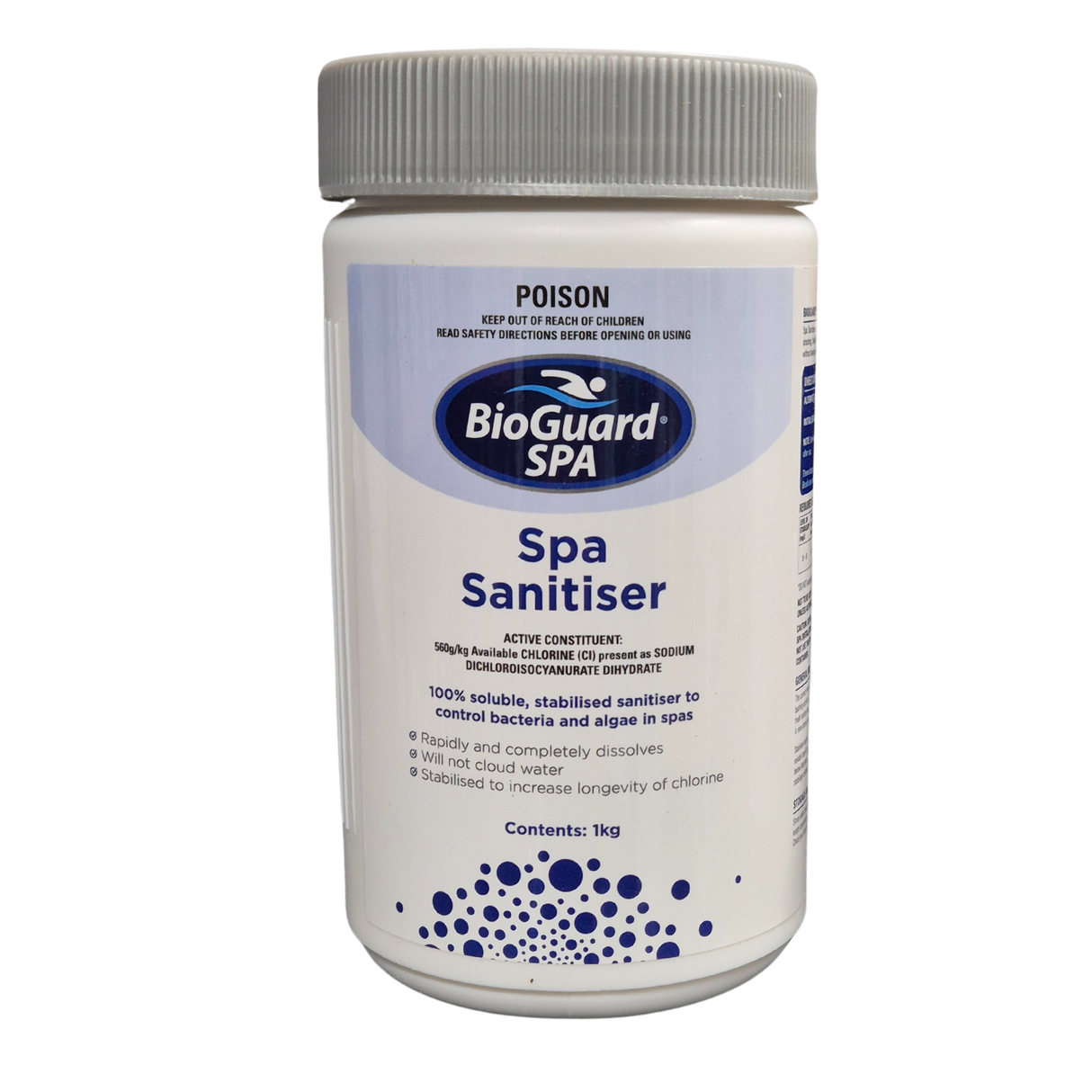 1kg bottle of BioGuard SPA Spa Sanitiser, a 100% soluble and stabilised chlorine sanitiser for controlling bacteria and algae in hot tubs and spas.