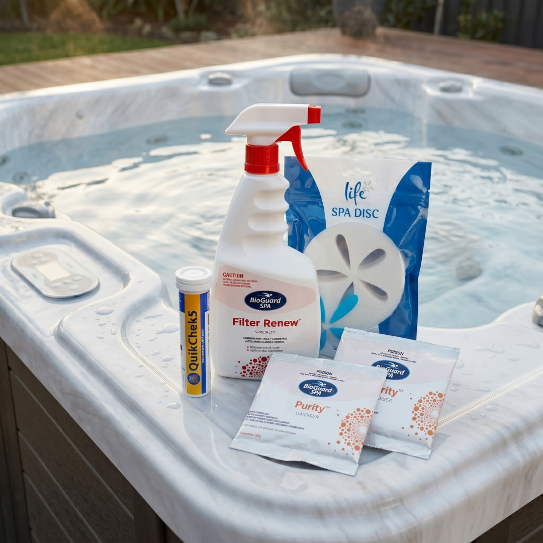 A BioGuard Spa Water Resuscitation Kit, including QuikChek 5 test strips, Filter Renew spray, a Life Spa Disc, and two Purity oxidiser packets, sitting on the corner ledge of an outdoor hot tub.