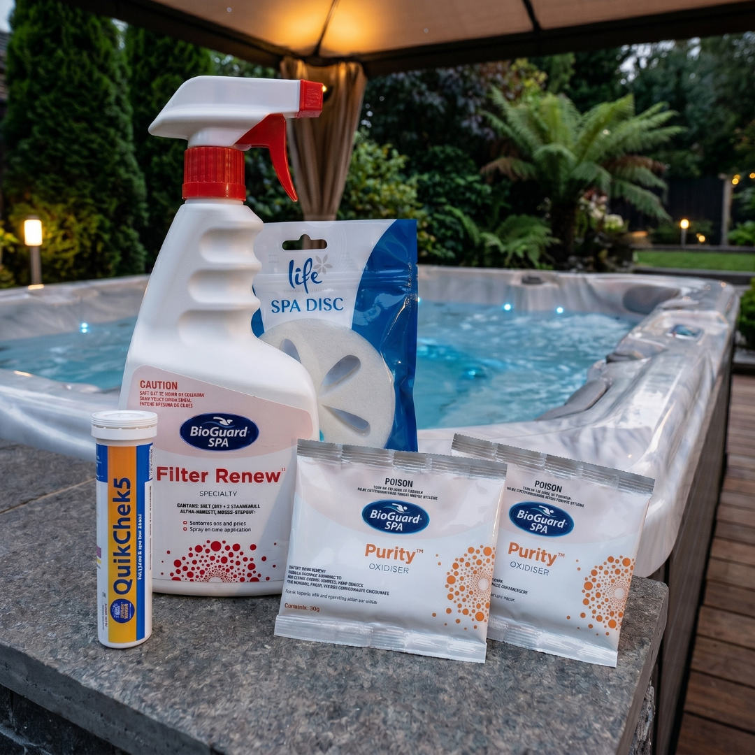 A BioGuard Spa Water Resuscitation Kit containing QuikChek 5 test strips, Filter Renew spray, a Life Spa Disc, and two Purity oxidiser packets arranged on the ledge of an illuminated outdoor hot tub at dusk.