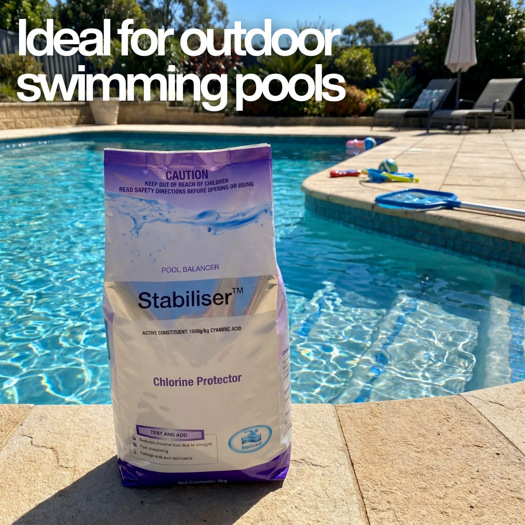 BioGuard Stabiliser 2kg bag on the edge of an outdoor pool with text overlay: "Ideal for outdoor swimming pools," highlighting the product's role in UV protection.