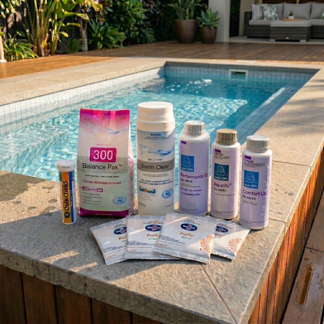 BioGuard chlorine plunge pool water care kit featuring Swim Clear, Balance Pak 300, Performance Up, Aquality, Comfort Up balancers, Spa Purity sachets, and QuikChek5 test strips arranged on a stone ledge next to an outdoor plunge pool.