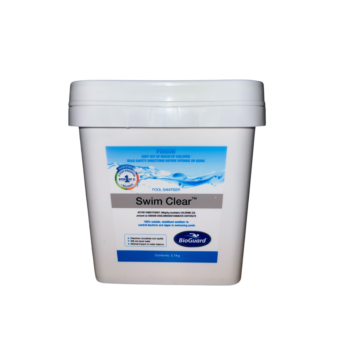 2.1kg bucket of BioGuard Swim Clear, a fast-dissolving Step 1 pool sanitiser designed to kill bacteria and algae without affecting water balance.