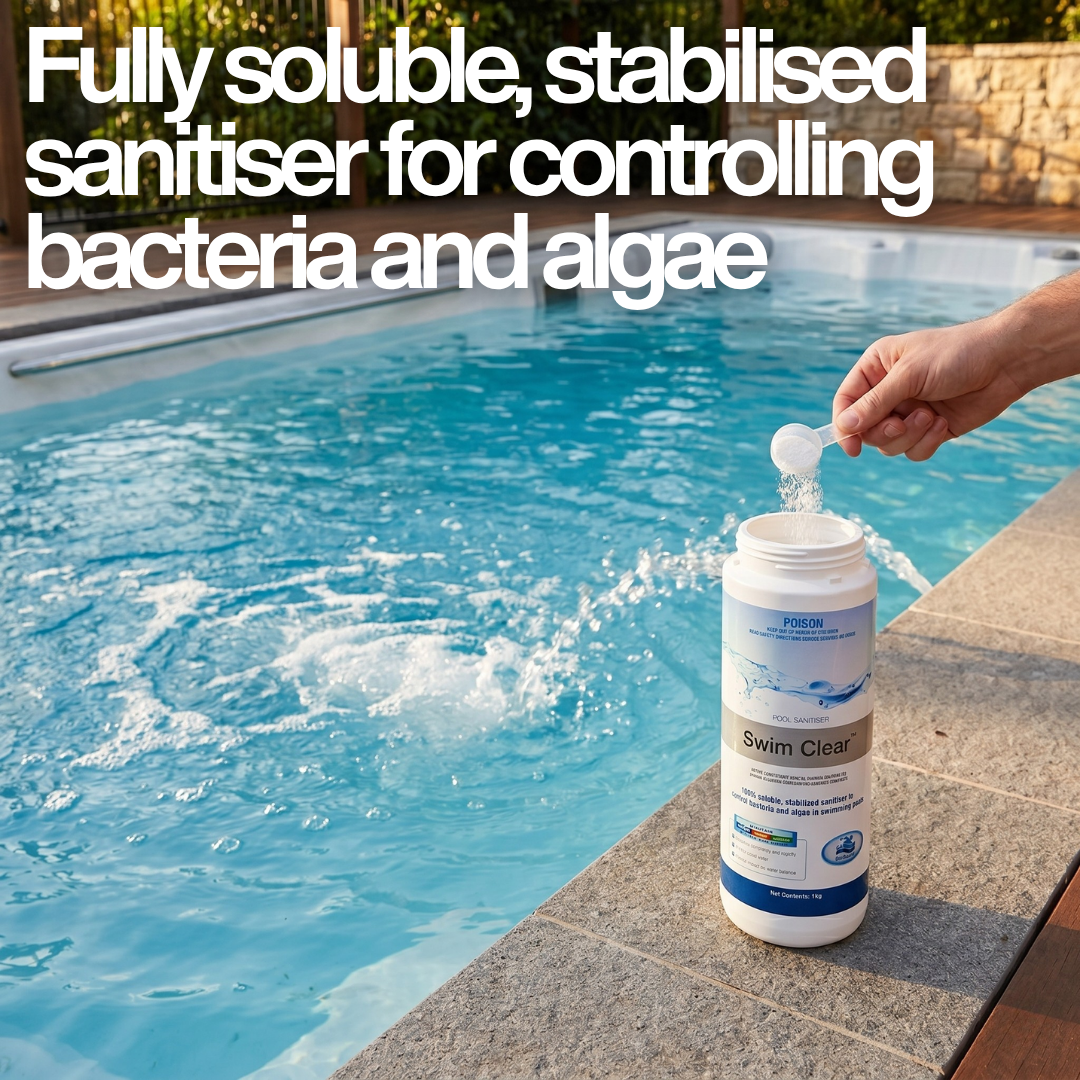 A hand scooping chlorine powder from a 1kg bottle of BioGuard Swim Clear pool sanitiser next to a clear plunge pool, with text overlay describing it as a fully soluble, stabilised sanitiser for controlling bacteria and algae.