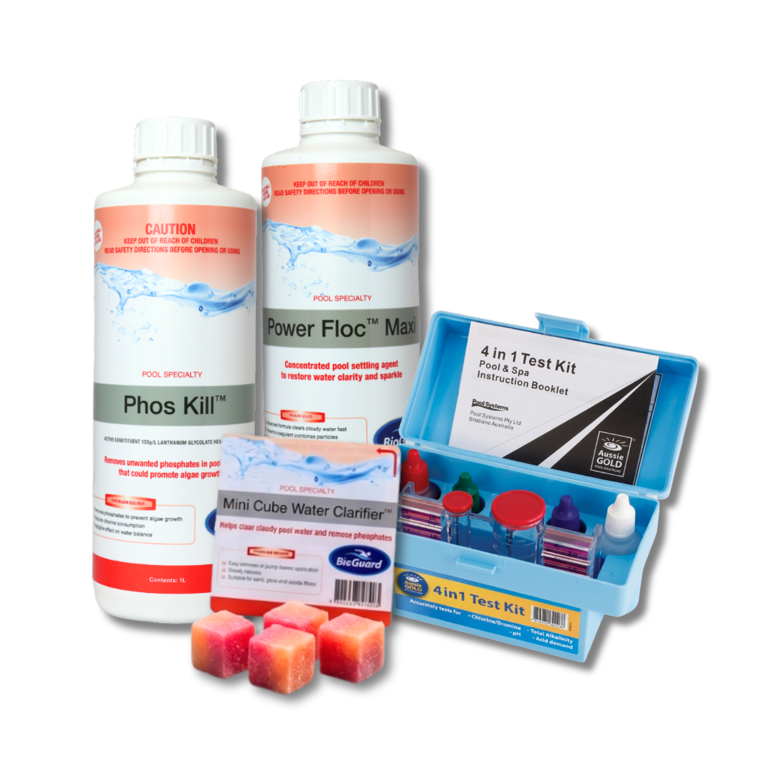 BioGuard swimming pool recovery water clarity kit featuring Phos Kill phosphate remover, Power Floc Maxi settling agent, Mini Cube clarifiers, and an Aussie Gold 4-in-1 test kit.