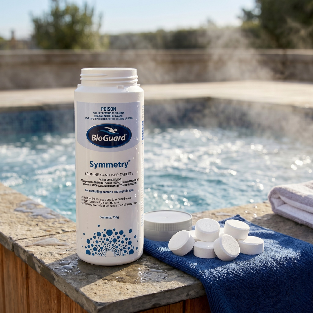 750g bottle of BioGuard Symmetry Bromine Sanitiser Tablets on a blue towel beside a steaming outdoor spa, featuring several white tablets to show the slow-dissolving solid form.
